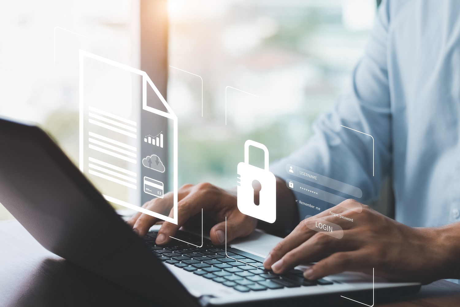 a person working on a laptop with graphics of a document and a lock hovering over